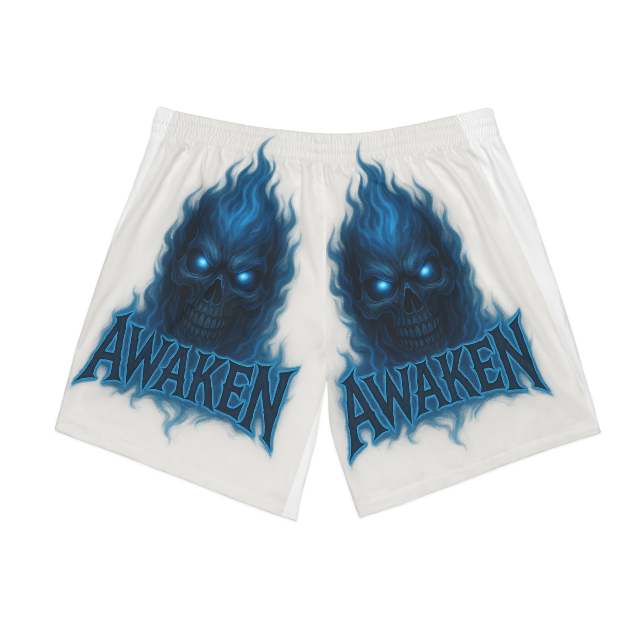 Awaken Blue Flame Skull Beach Shorts — Men’s Graphic Swim Trunks