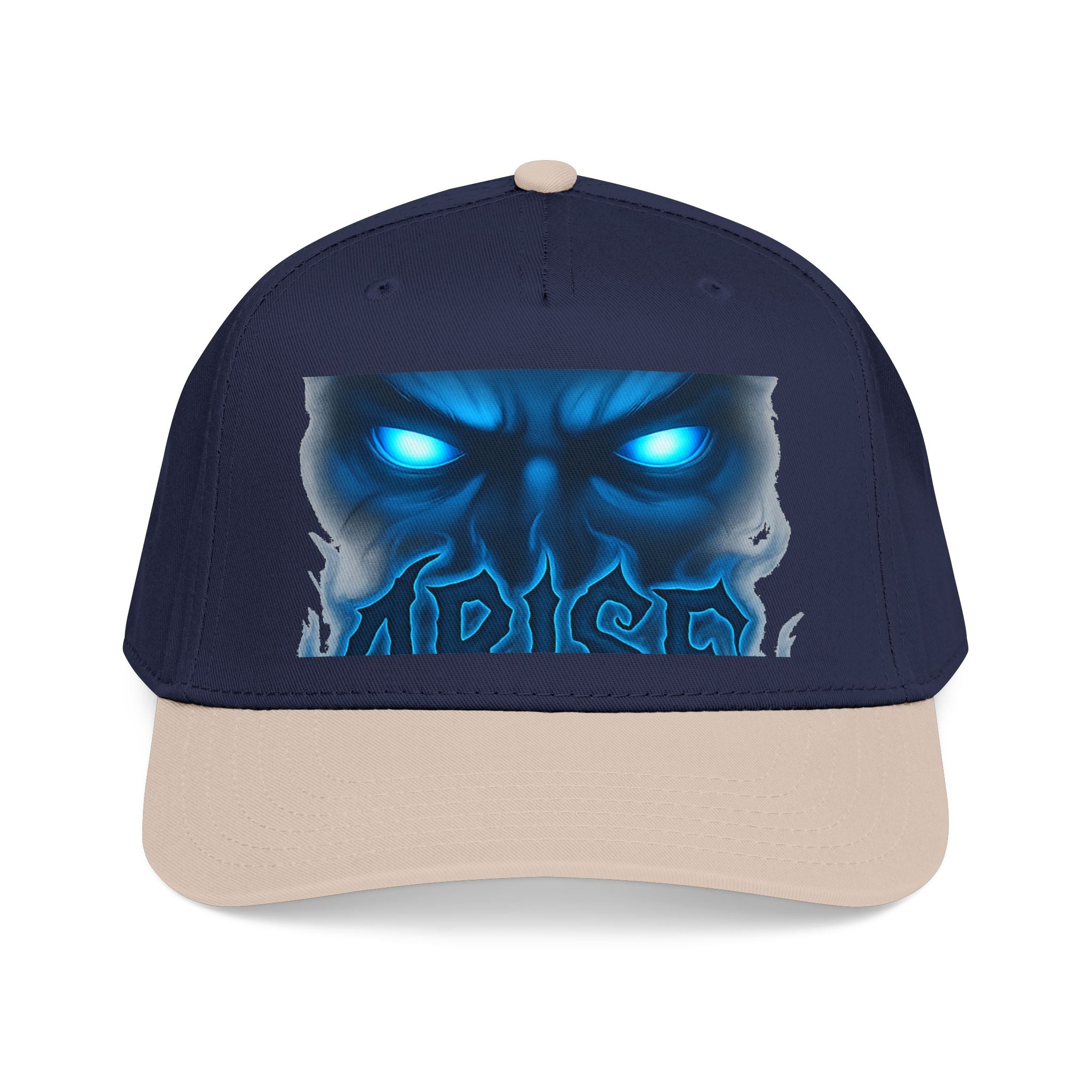 Blue Demon Eyes Trucker Hat — Neon Skull Baseball Cap