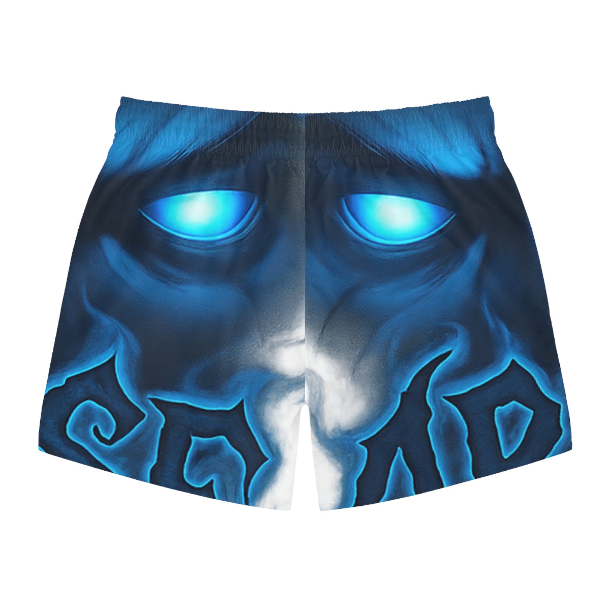 Blue Demon Face Swim Trunks — Glowing Eye All-Over Print