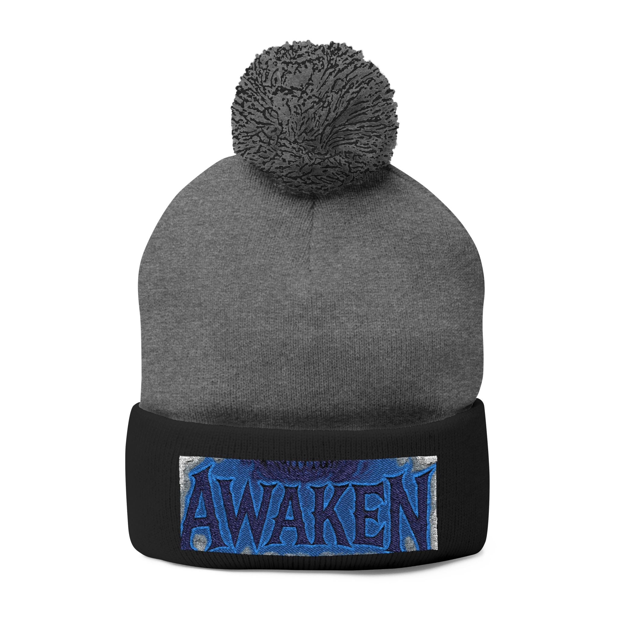 Awaken Embroidered Pom-Pom Beanie — Cozy Winter Knit Hat