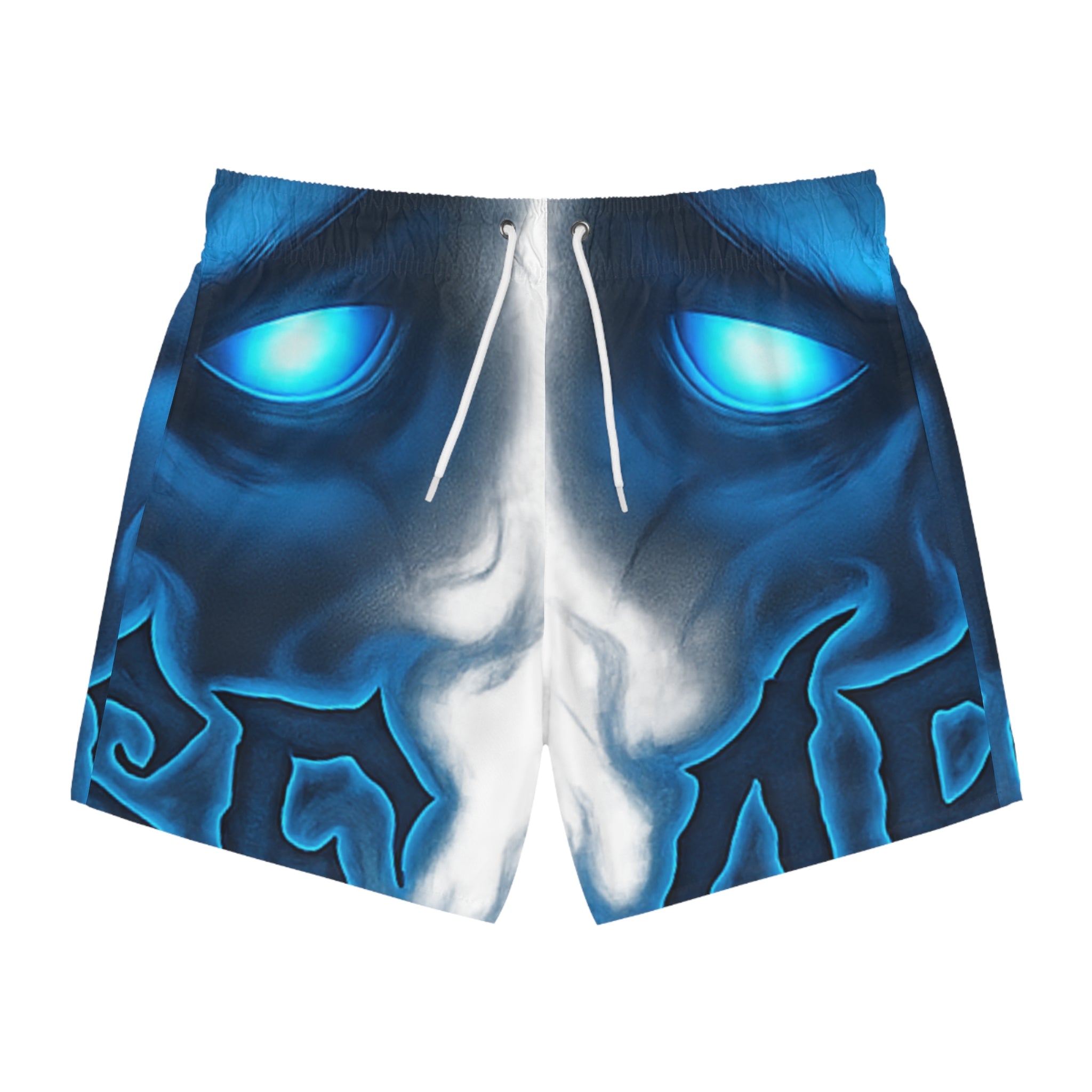 Blue Demon Face Swim Trunks — Glowing Eye All-Over Print