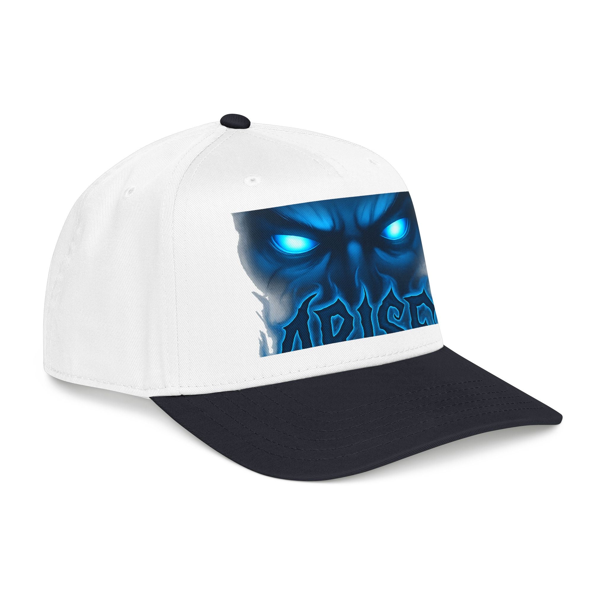 Blue Demon Eyes Trucker Hat — Neon Skull Baseball Cap