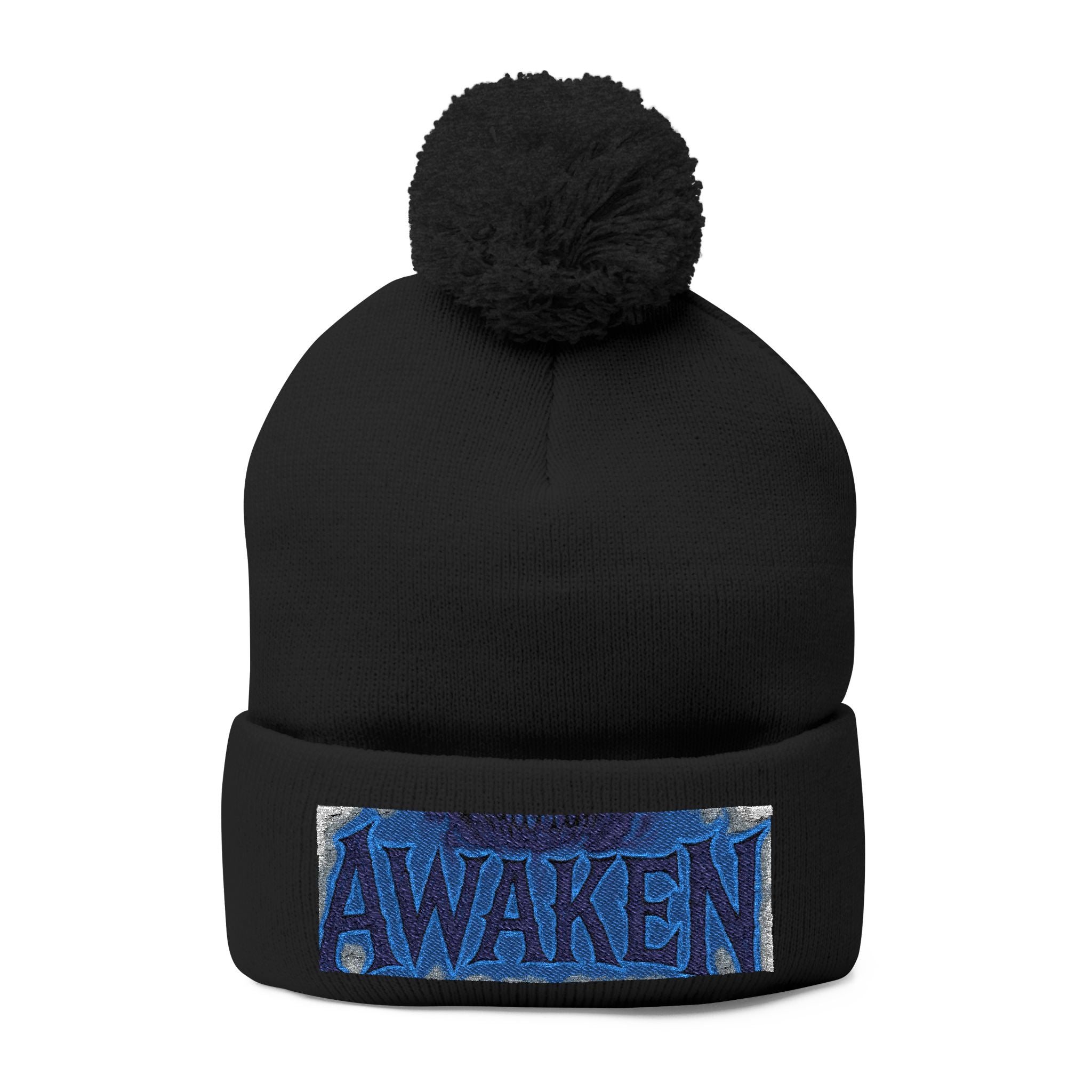 Awaken Embroidered Pom-Pom Beanie — Cozy Winter Knit Hat