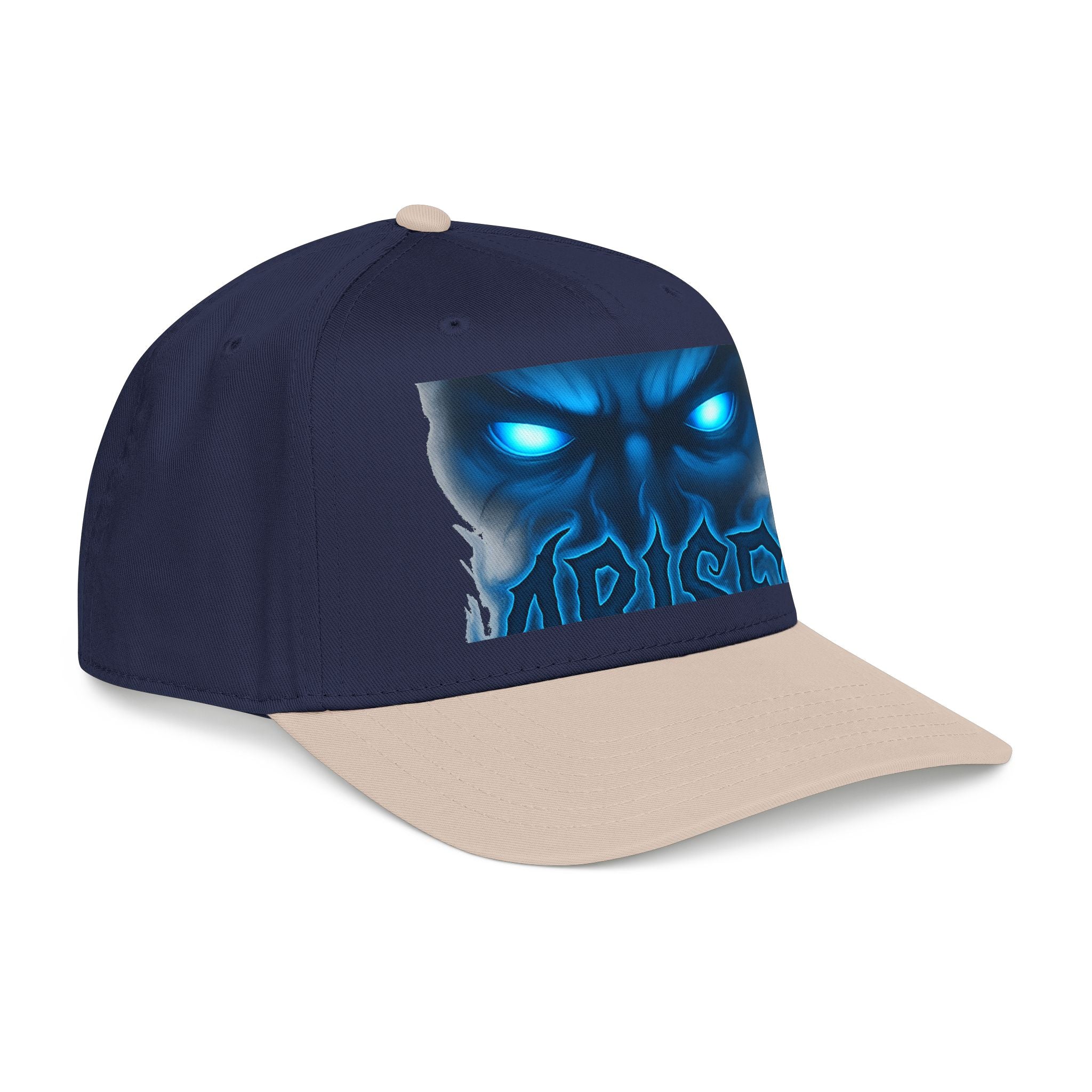 Blue Demon Eyes Trucker Hat — Neon Skull Baseball Cap
