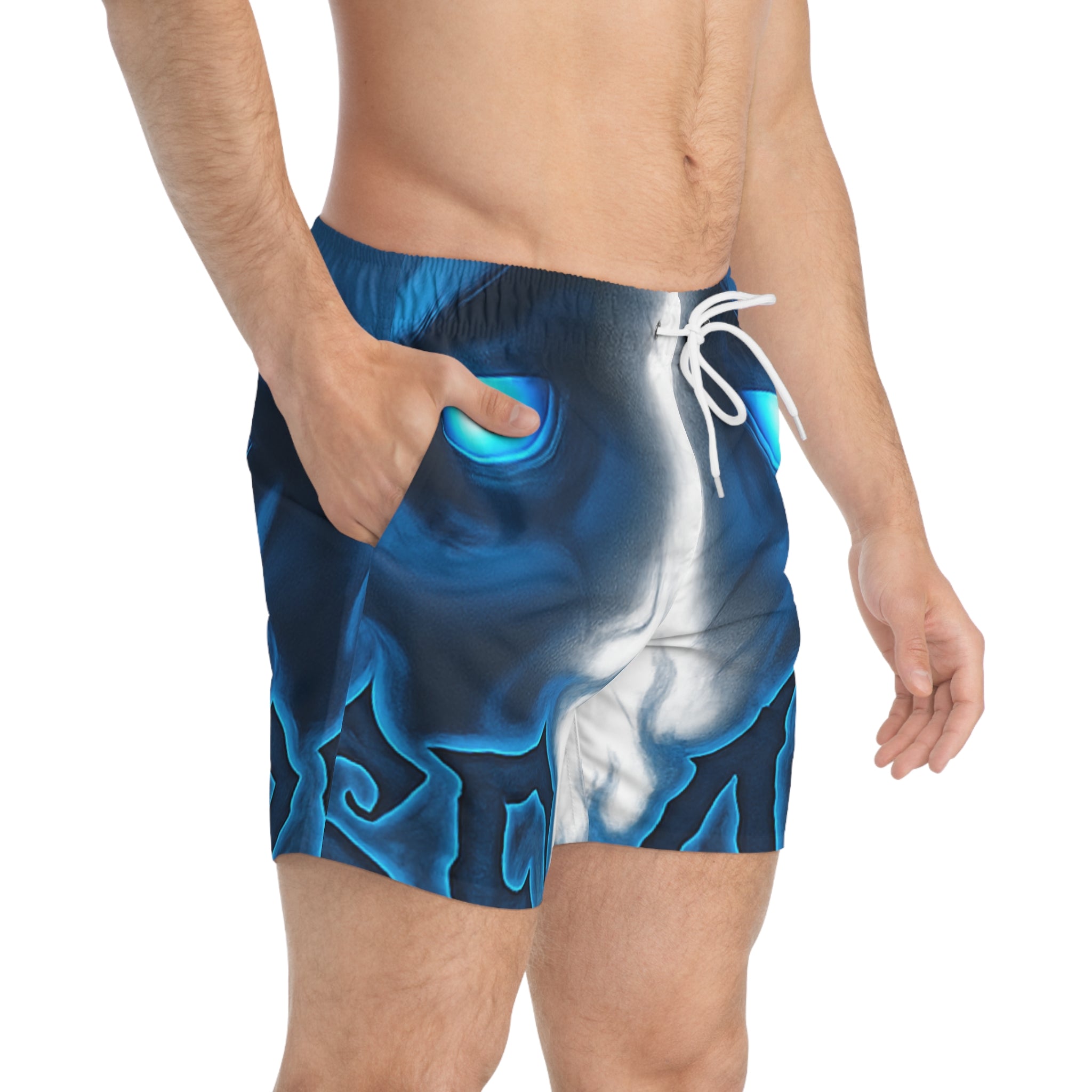 Blue Demon Face Swim Trunks — Glowing Eye All-Over Print