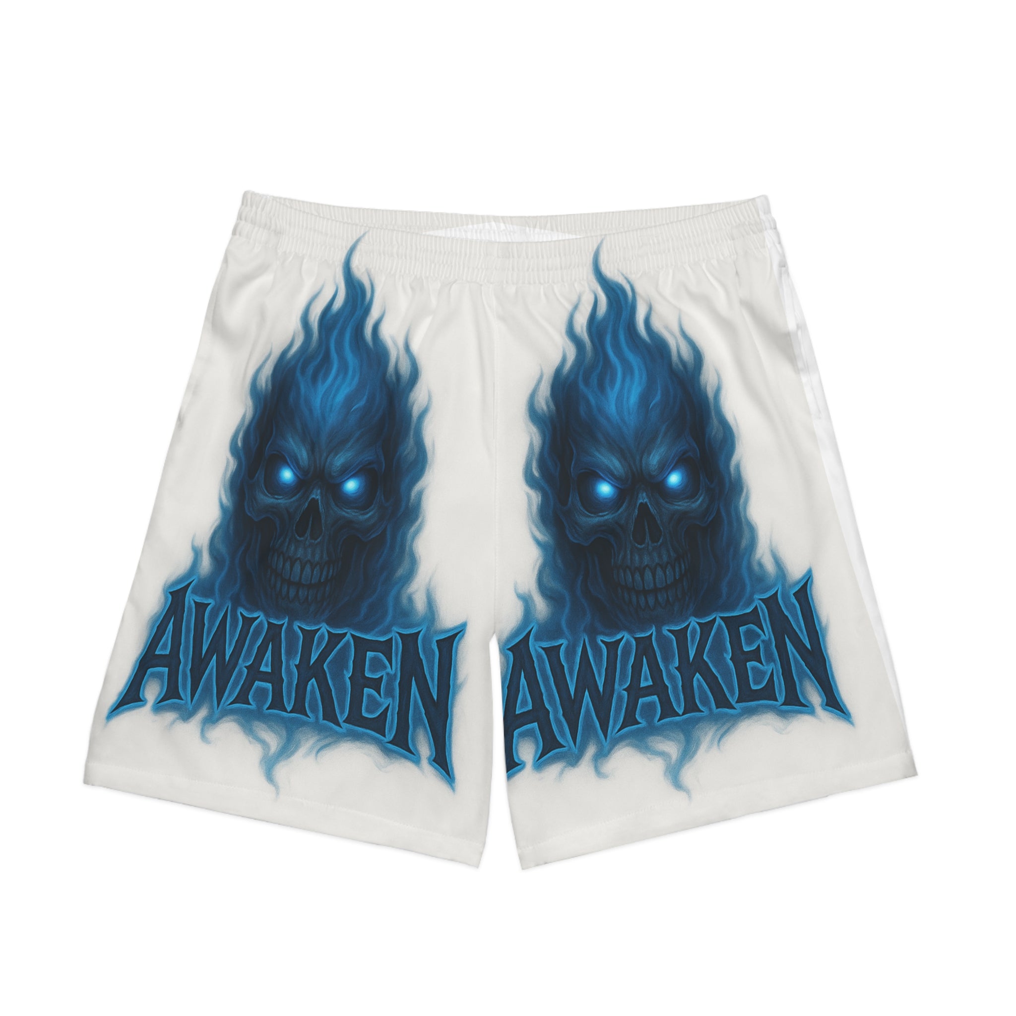 Awaken Blue Flame Skull Beach Shorts — Men’s Graphic Swim Trunks