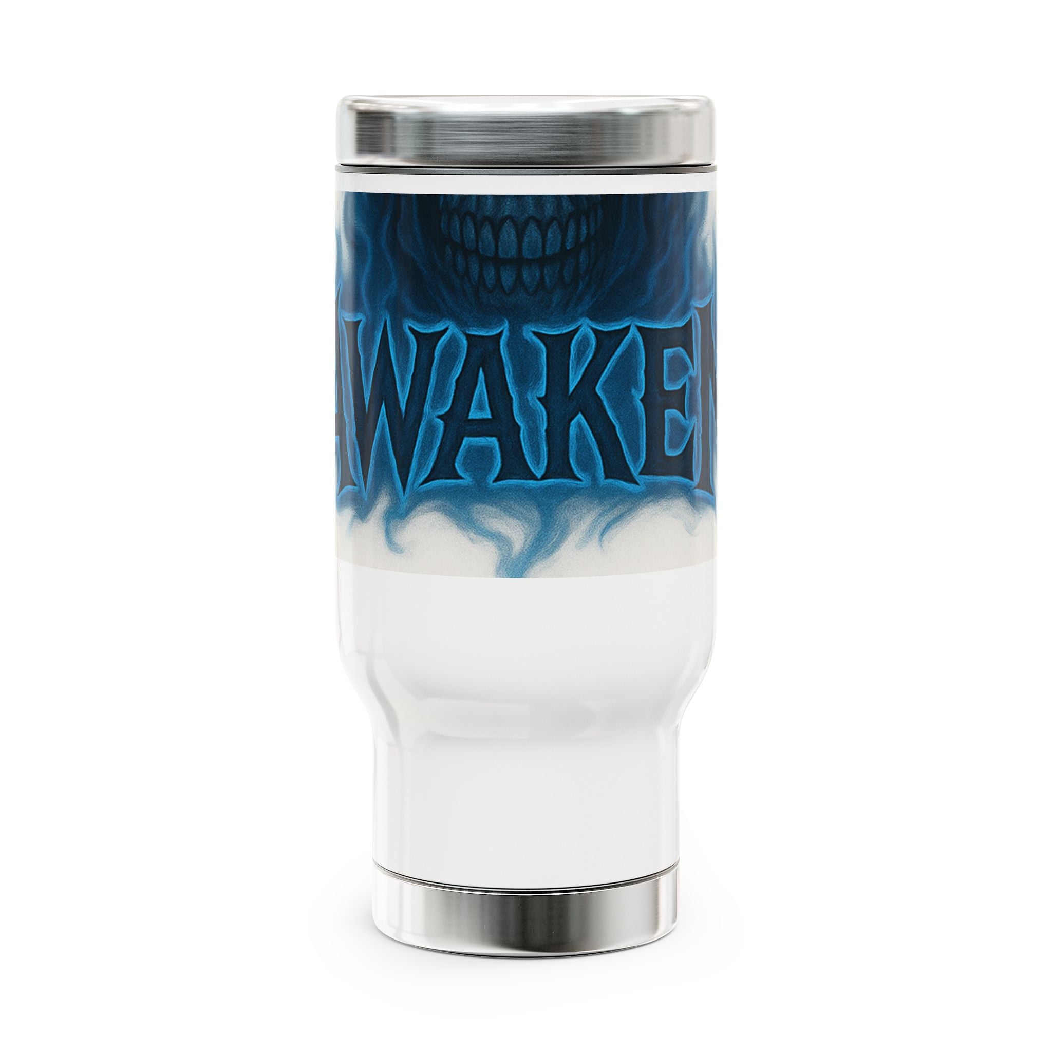 Awake Skull Blue Flame Travel Mug — 14oz Stainless Steel with Handle