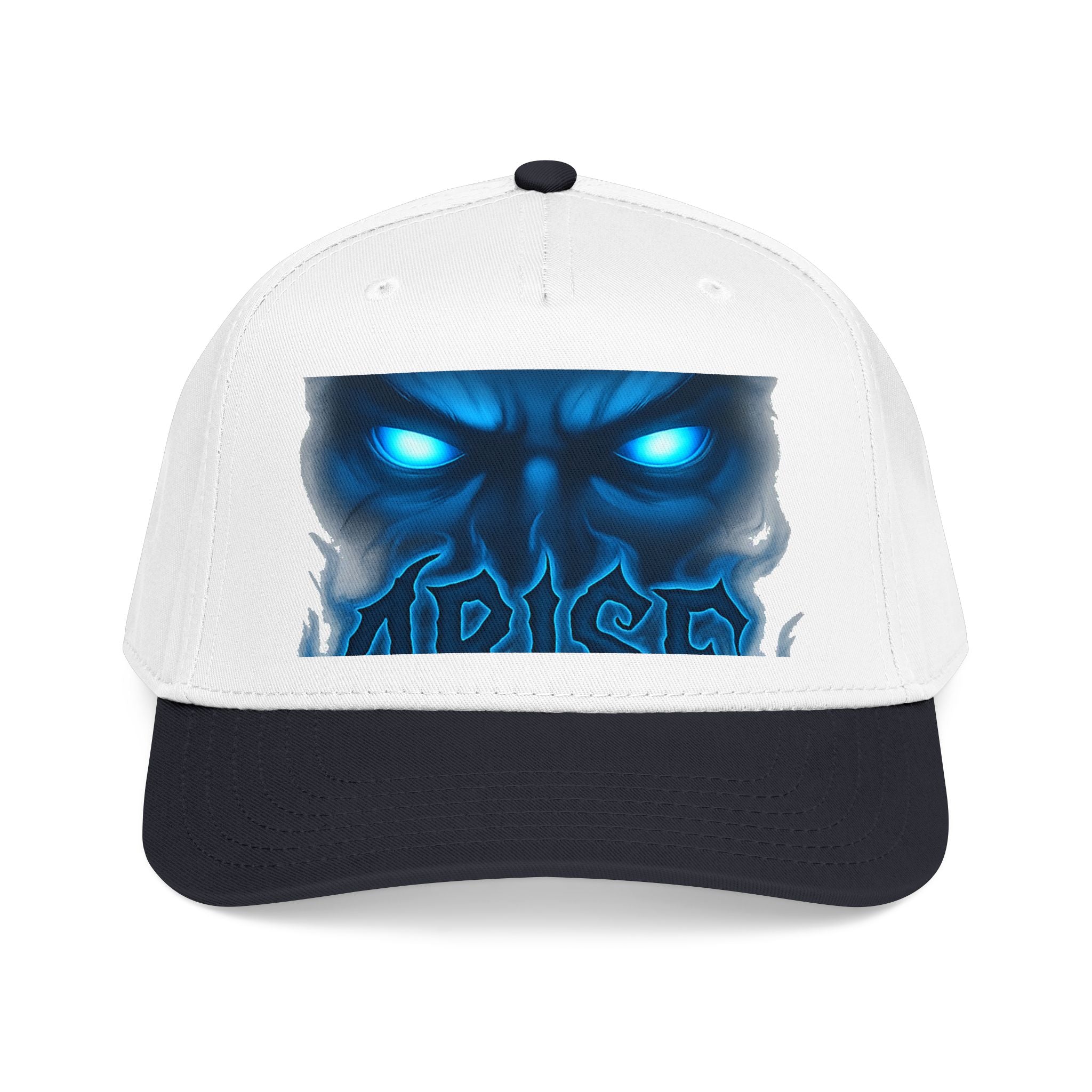 Blue Demon Eyes Trucker Hat — Neon Skull Baseball Cap