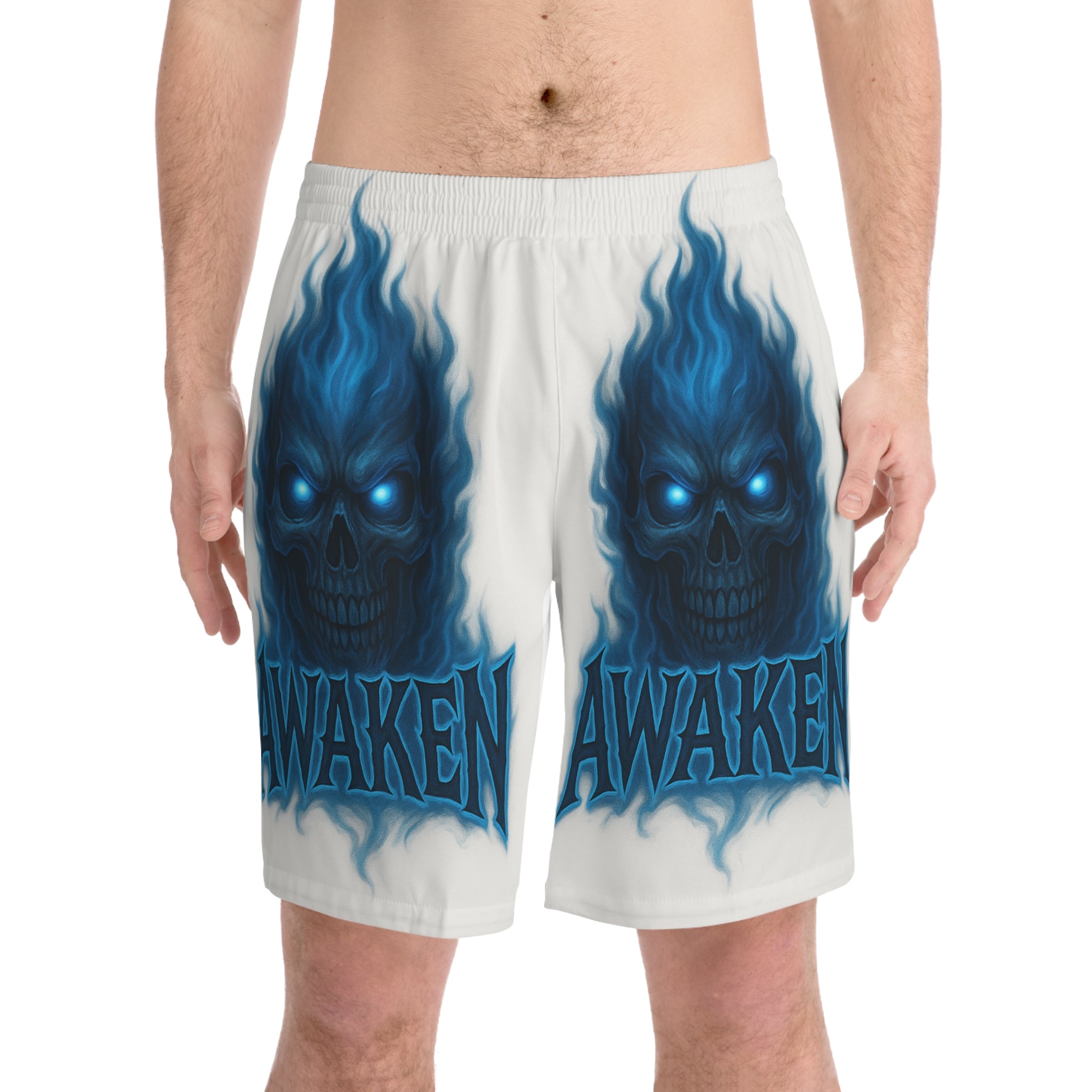 Awaken Blue Flame Skull Beach Shorts — Men’s Graphic Swim Trunks