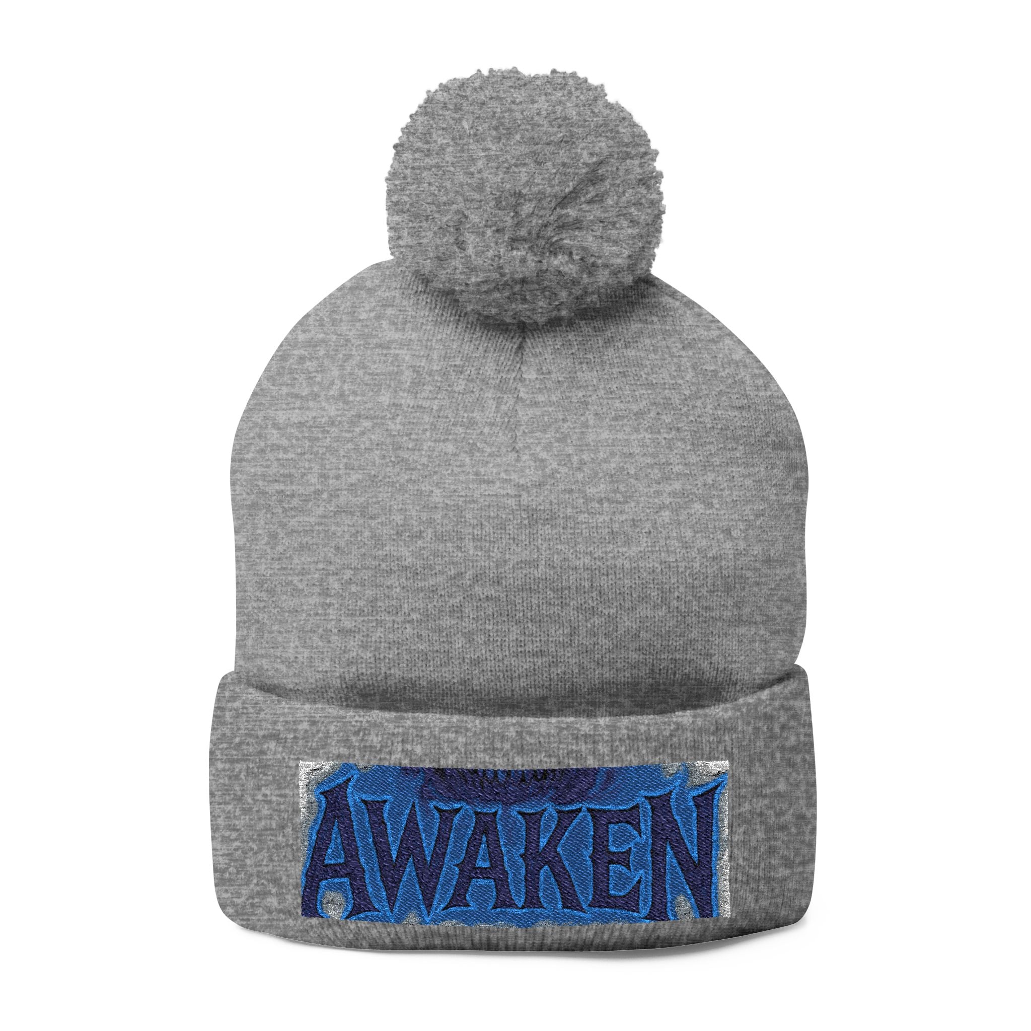 Awaken Embroidered Pom-Pom Beanie — Cozy Winter Knit Hat