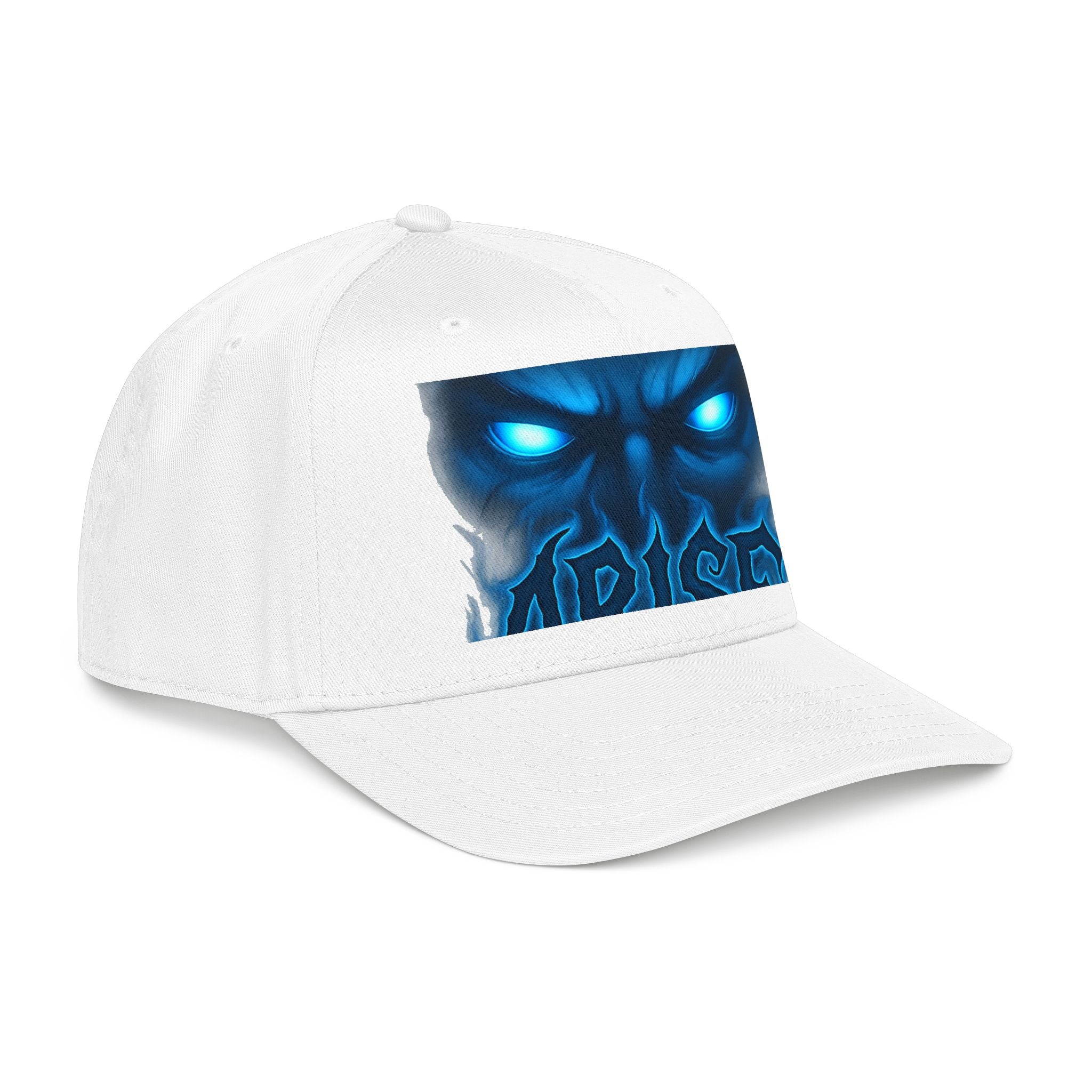 Blue Demon Eyes Trucker Hat — Neon Skull Baseball Cap