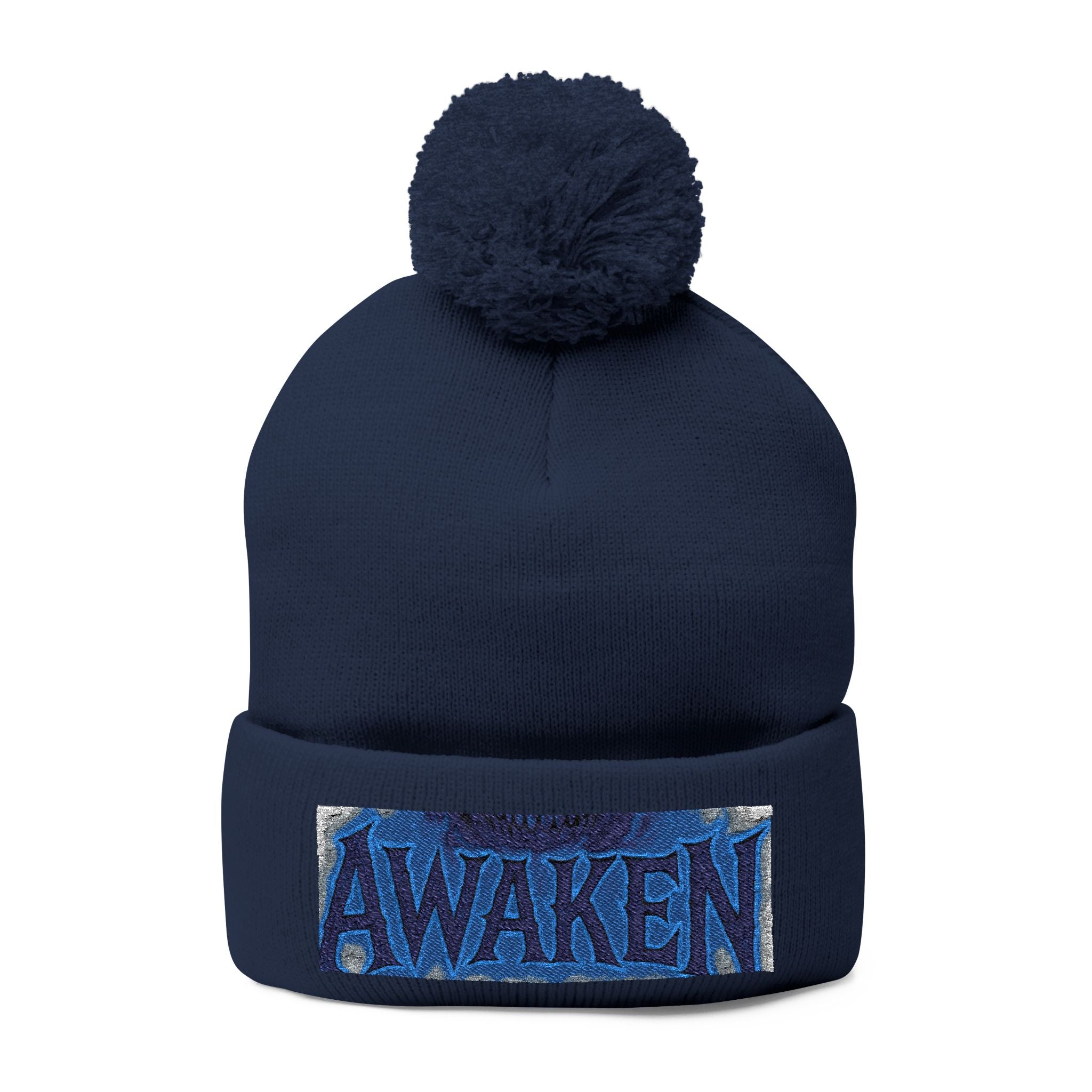 Awaken Embroidered Pom-Pom Beanie — Cozy Winter Knit Hat