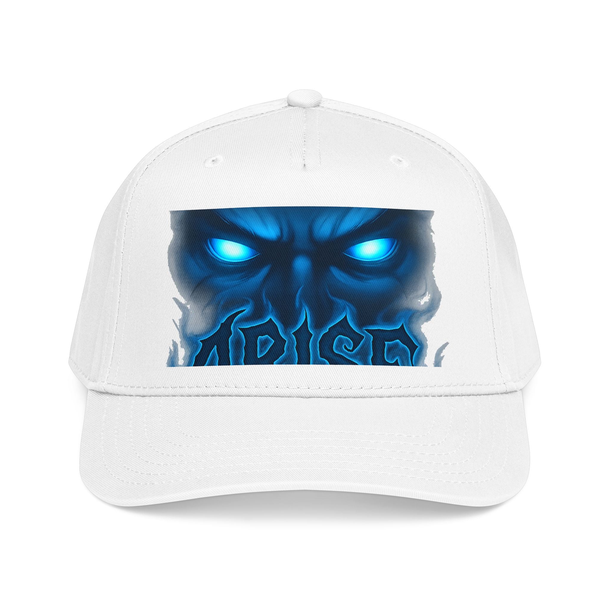 Blue Demon Eyes Trucker Hat — Neon Skull Baseball Cap