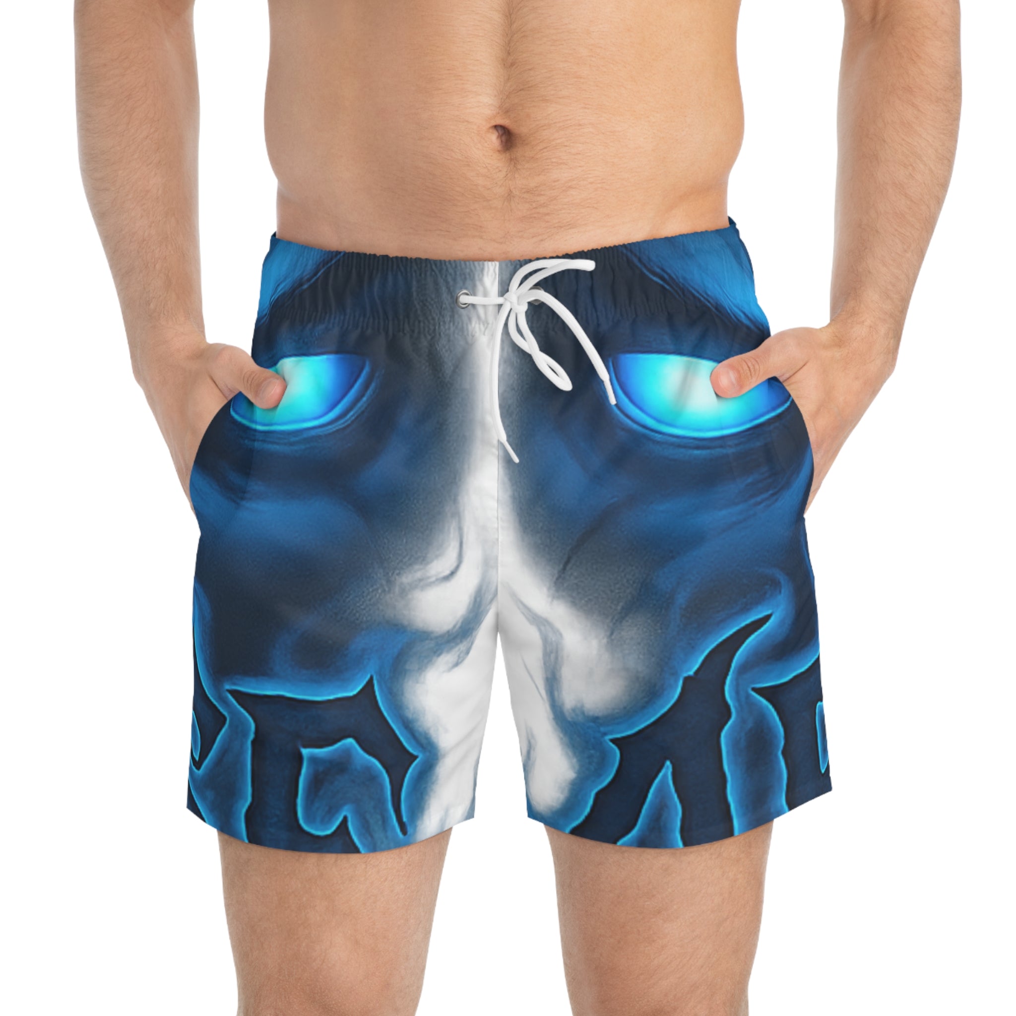 Blue Demon Face Swim Trunks — Glowing Eye All-Over Print
