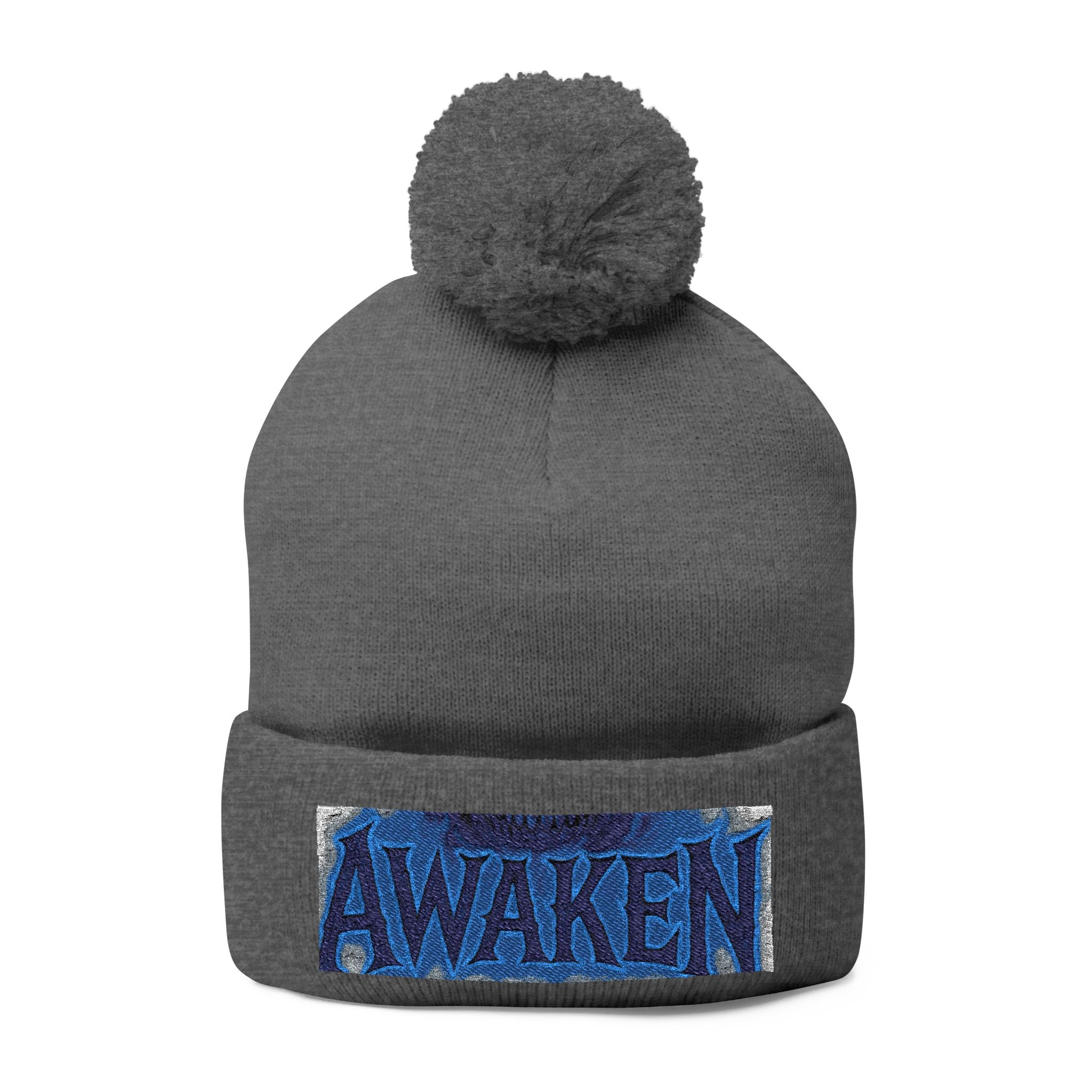 Awaken Embroidered Pom-Pom Beanie — Cozy Winter Knit Hat