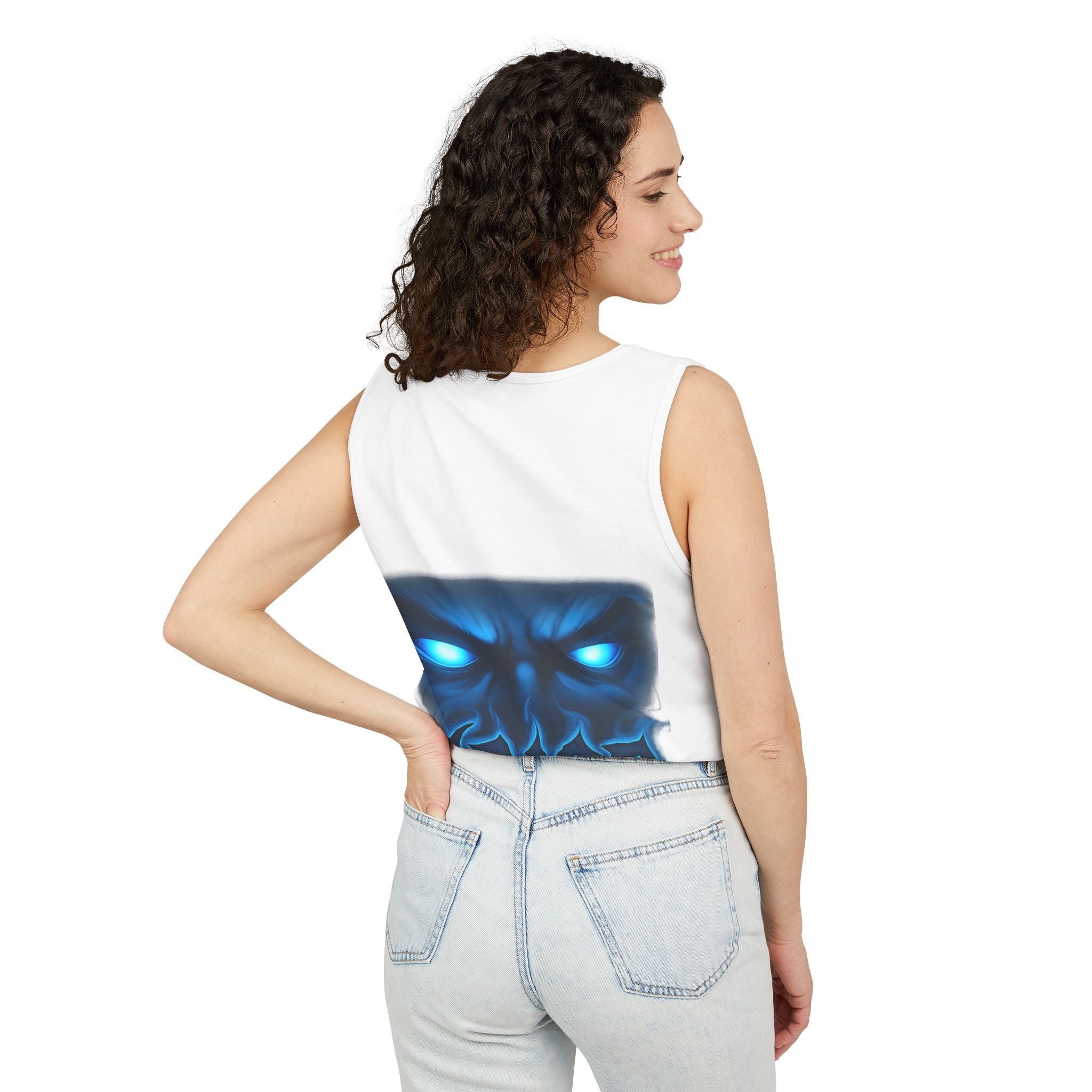 Arise Blue Demon Tank Top — Glowing Eyes Graphic Sleeveless Tee