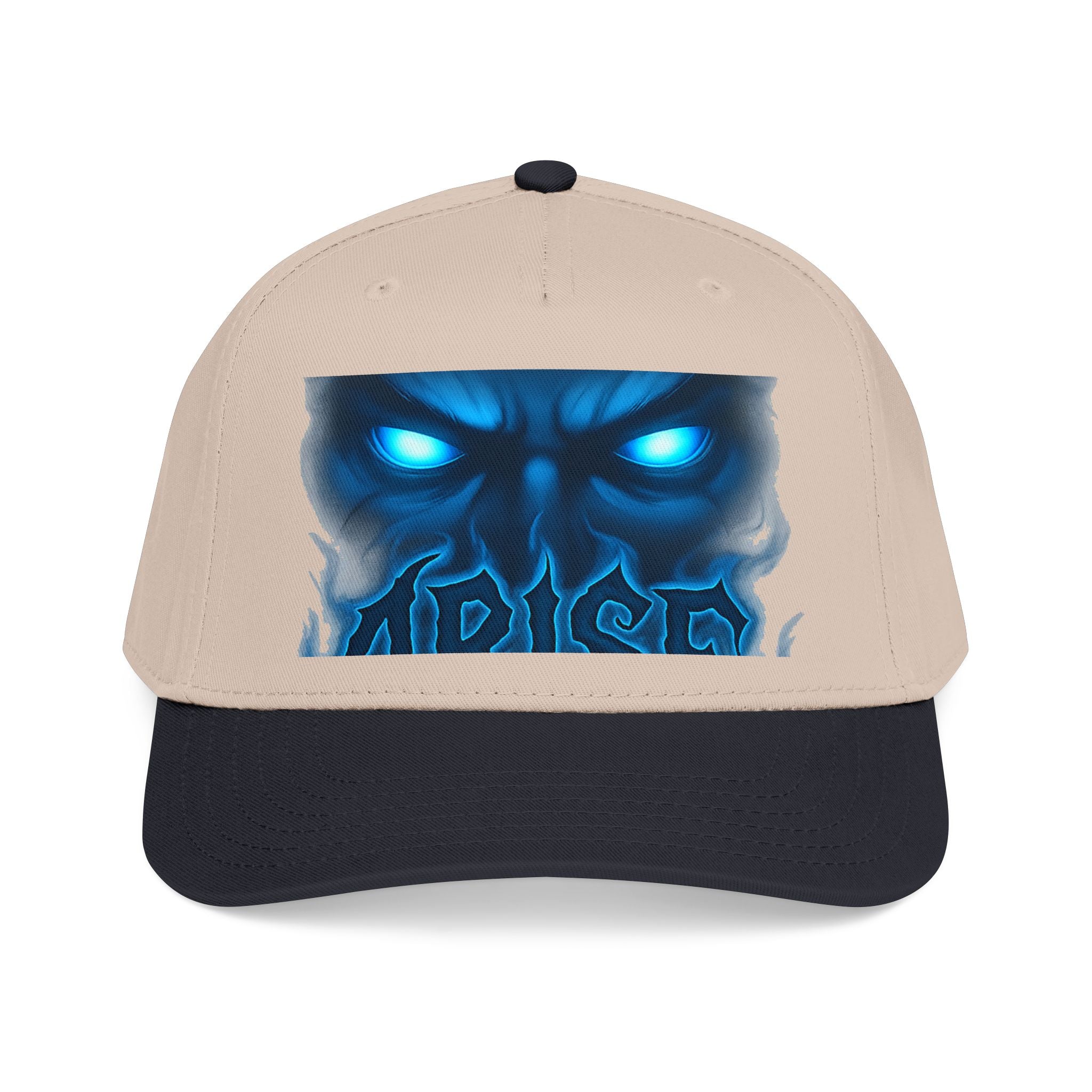 Blue Demon Eyes Trucker Hat — Neon Skull Baseball Cap
